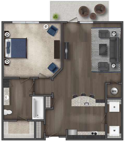 Floor plan for 1 bed, 1 bath, 715 sqft